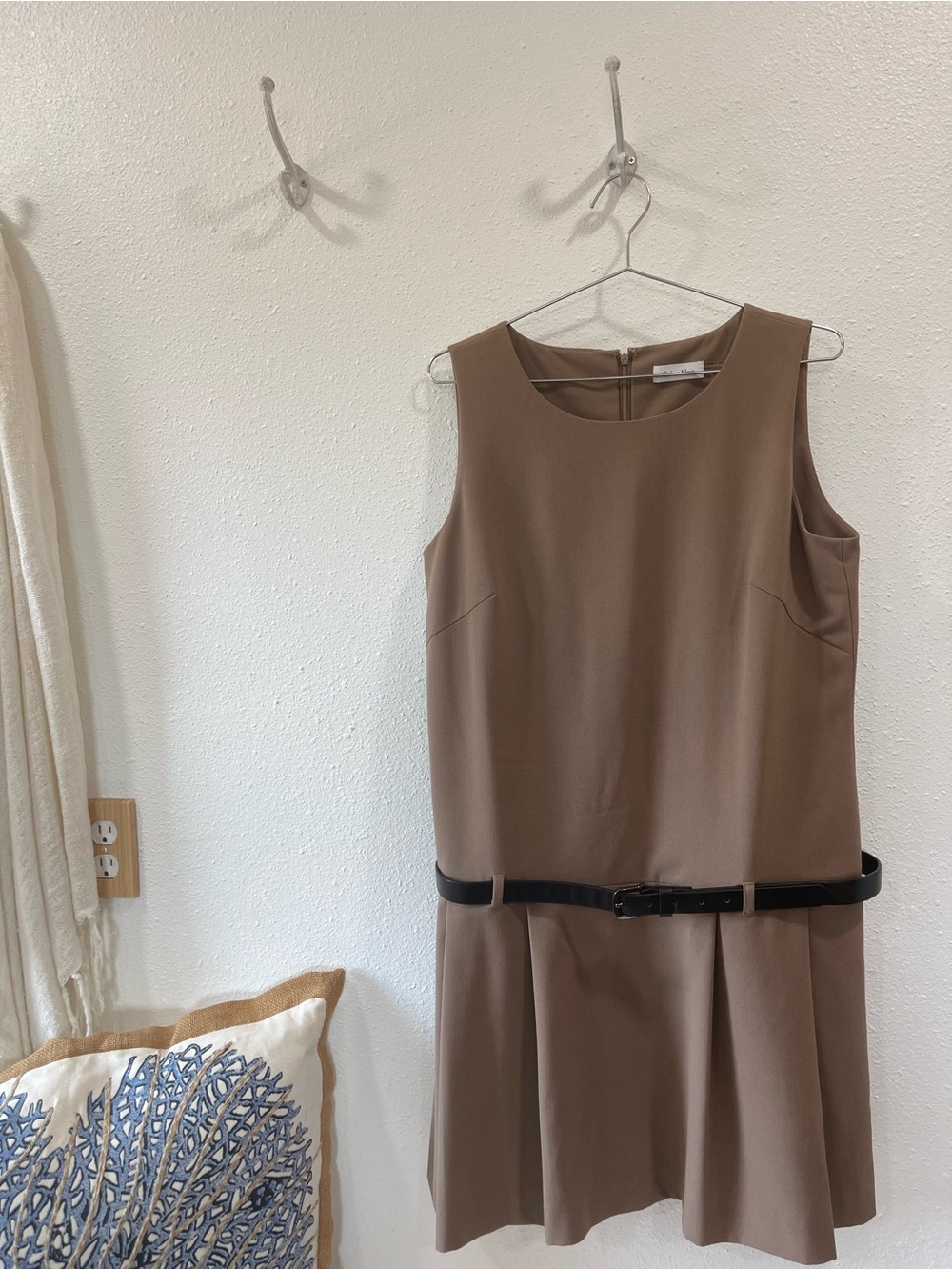 Calvin Klein Taupe Sleeveless Drop-Waist Mini Dress with Black Belt